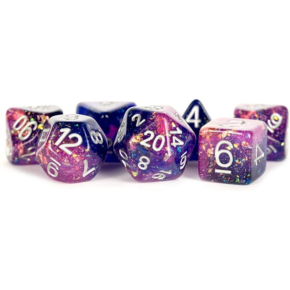 Purple and Blue Eternal Resin with White Numbers 16mm (5/8in) 7 Dice Set Metallic Dice Games