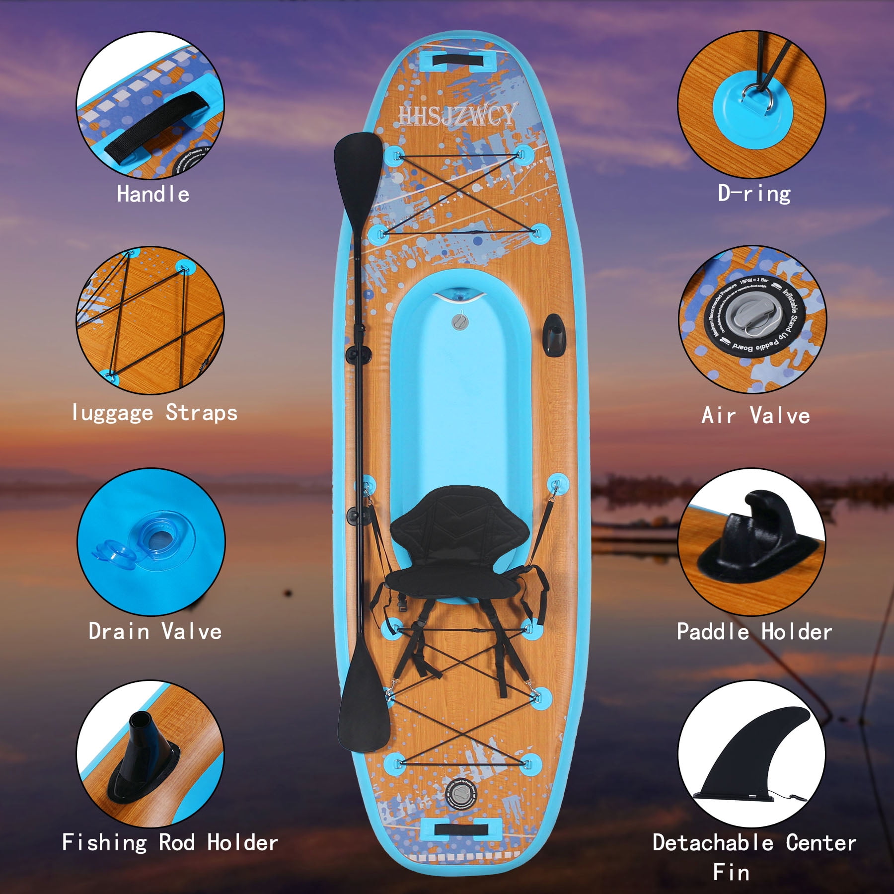 HHSJZWCY 10 ft Extra Wide Inflatable Kayak with Detachable Seat, Stand up Paddle Board for Adults & Youth,PaddleBoard for Fishing,Touring