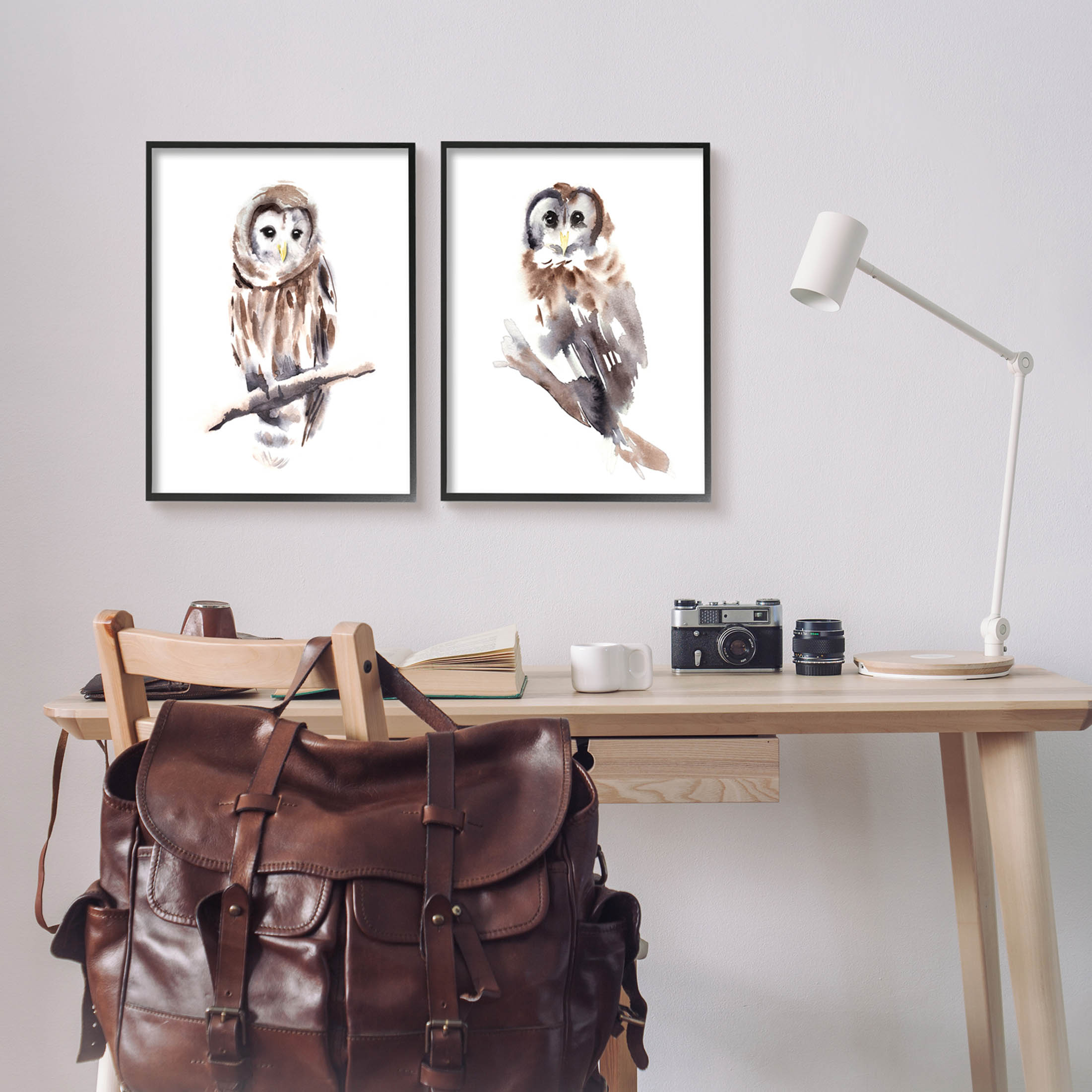 Stupell Industries Perched Owl Wildlife Portrait Painting Black Framed Art Print Wall Art, Set of 2, Design by Annie Warren