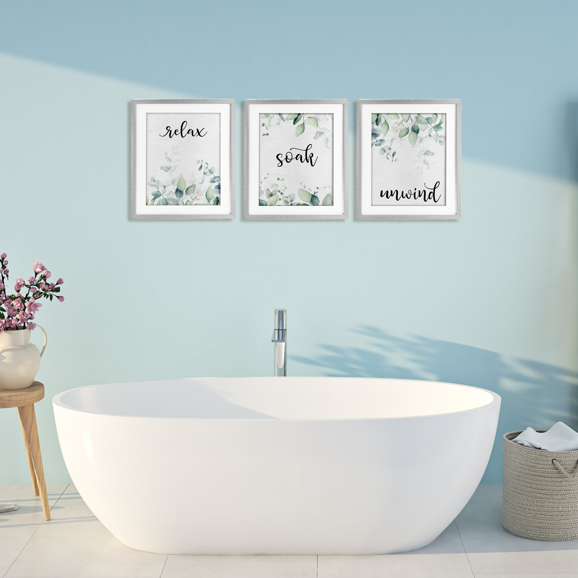 Leafy Bathroom Herbs 3 Piece Gray Framed Print Under Glass Set, design by Lettered and Lined