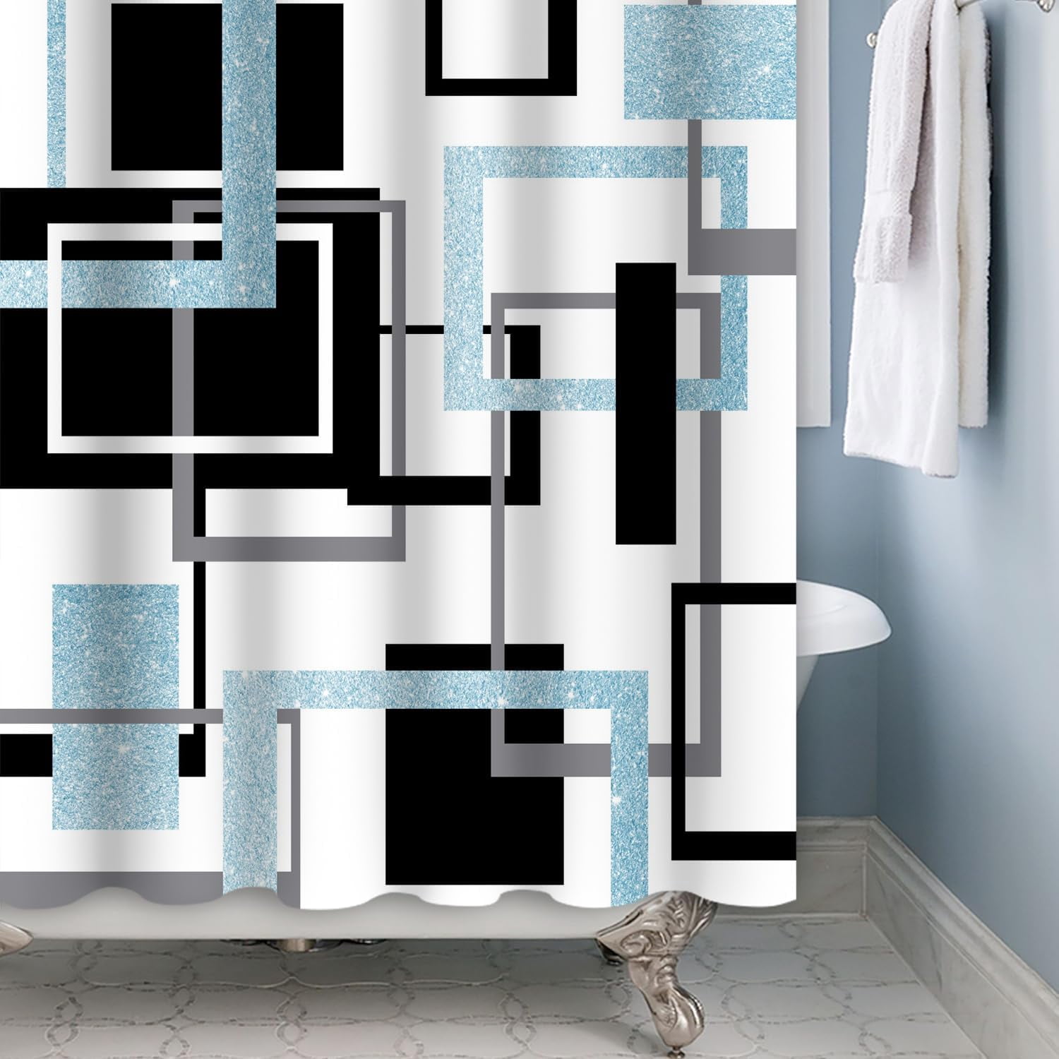 Modern Geometric Shower Curtain Sets Black White Blue Shower Curtain for Bathroom Geometry Squares Abstract Minimalism Bath Curtain Waterproof Durable Shower Curtain with Hooks 72x72 Inches