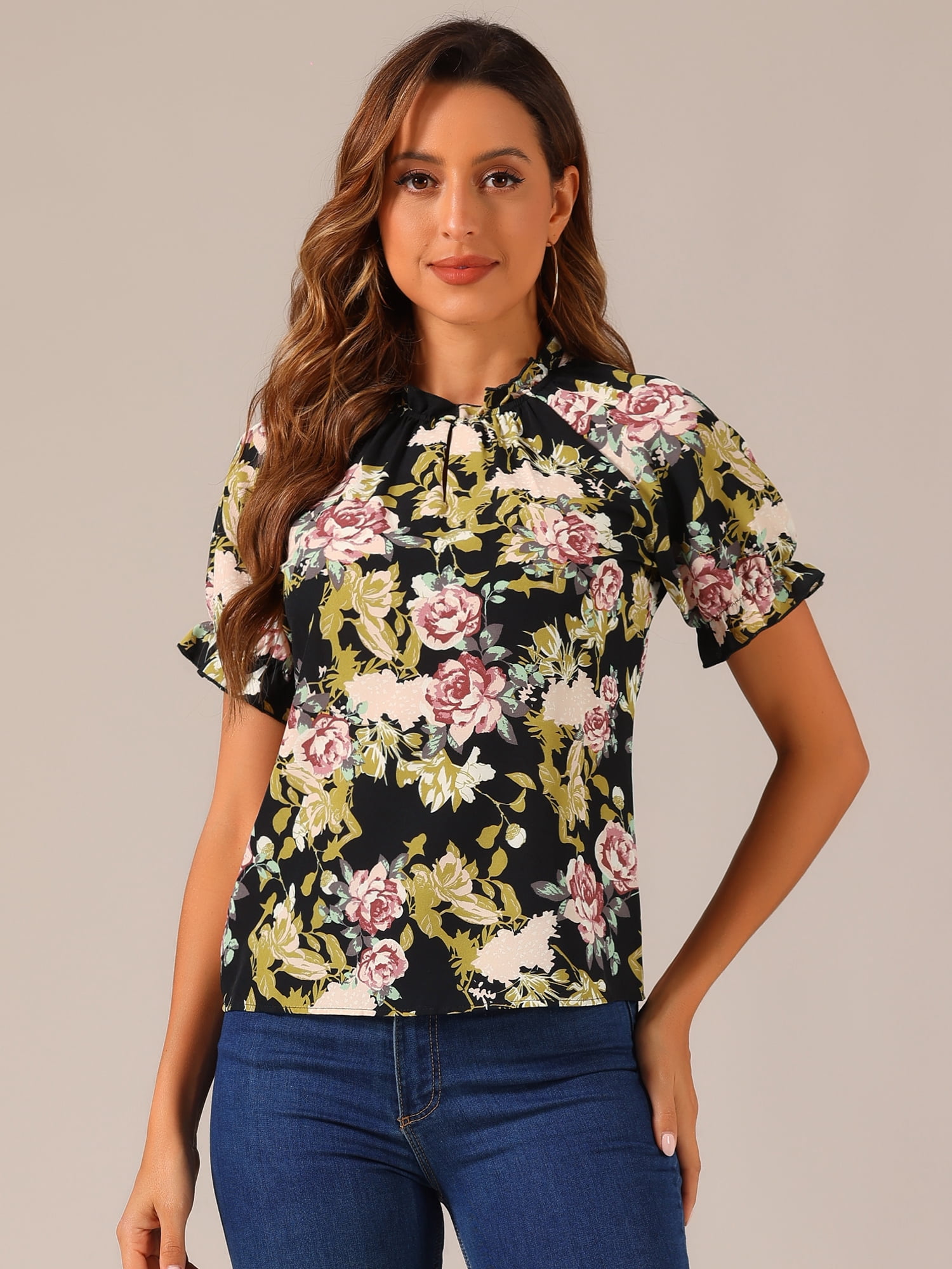 DARING DIVA Women's Floral Ruffled Neck Short Sleeves Top Blouse XS Black Red