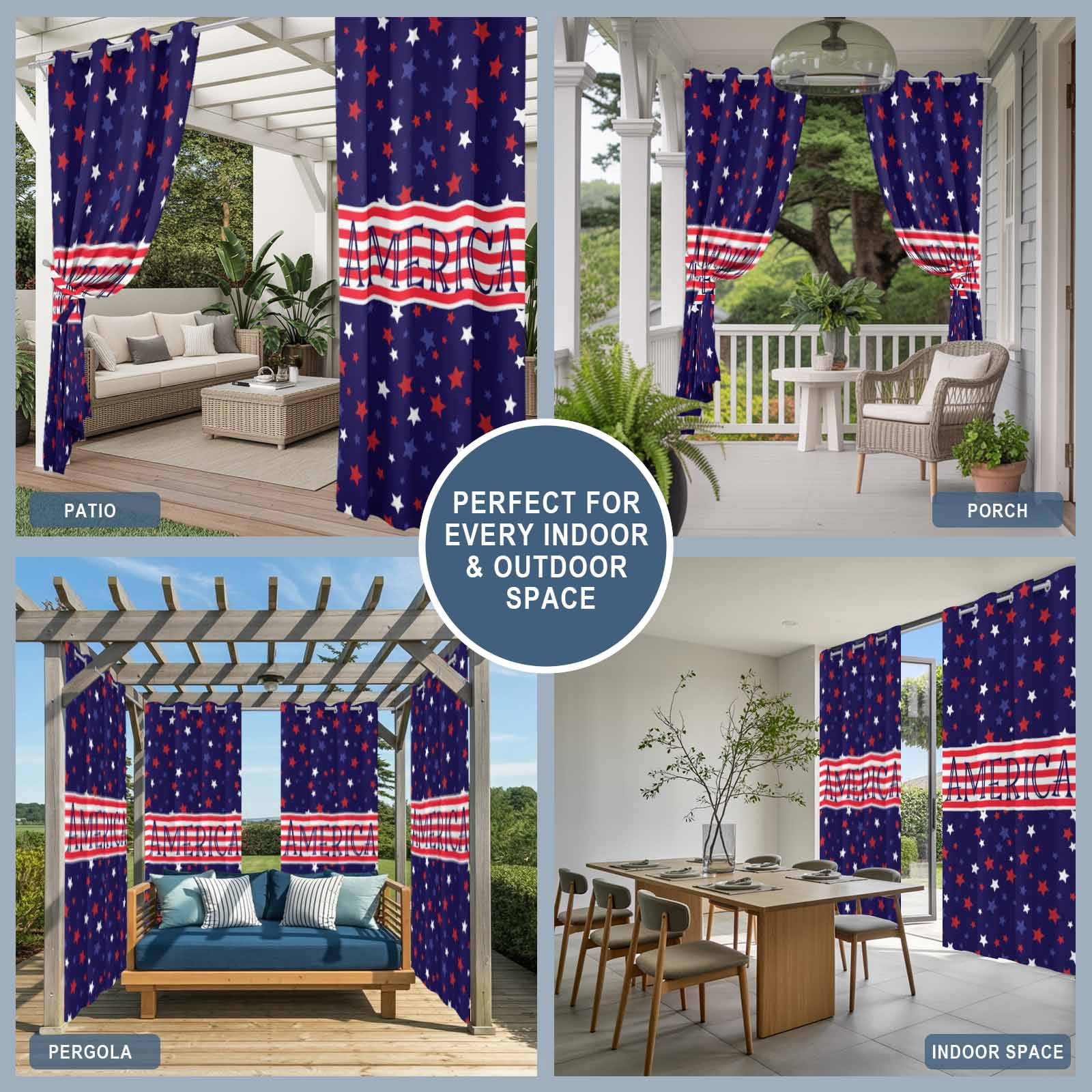 Independence Day Star Outdoor Curtains for Patio, Modern American Red White Stripe Star Blue Sunshade Privacy Drapes Grommet Waterproof Outside Curtains for Porch/Cabana/Balcony 54"x 108", 1 Panel