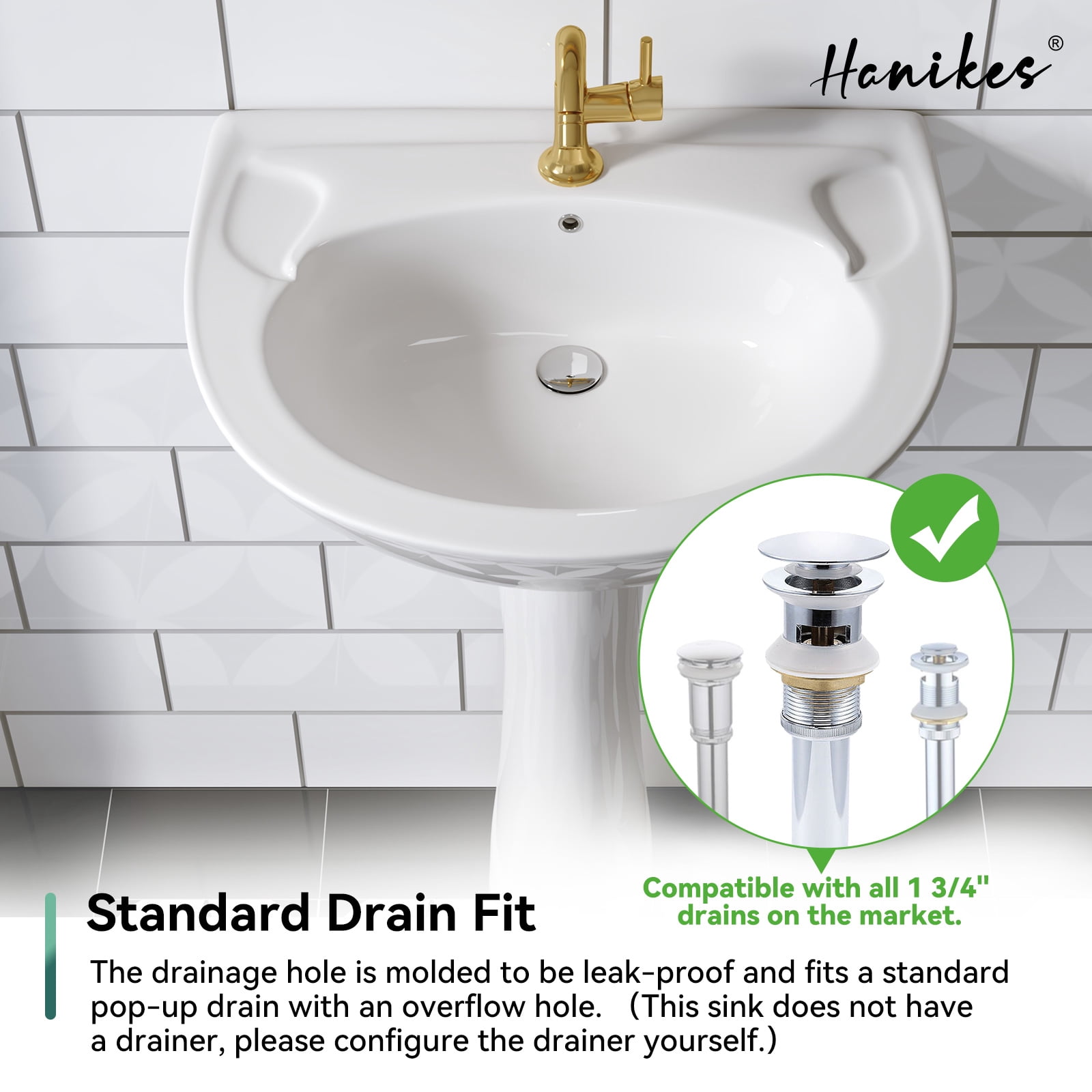 20" Tall U-Shape Pedestal Bathroom Sink Vitreous China with Overflow in White