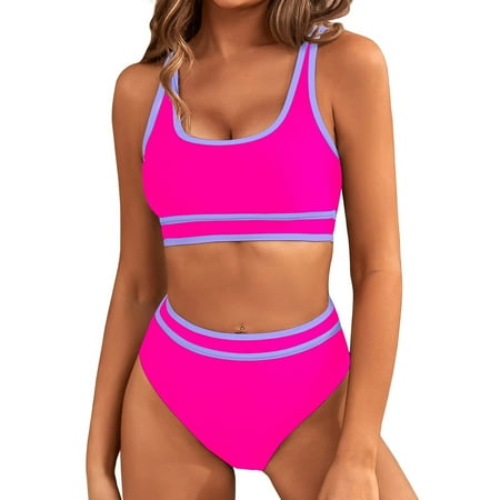 Summer Savings Clearance Erwazi Womens High Waisted Bikini Sets Color Block Sporty Two Piece Swimsuits Cheeky High Cut Bathing Suits Surfing Swimwear