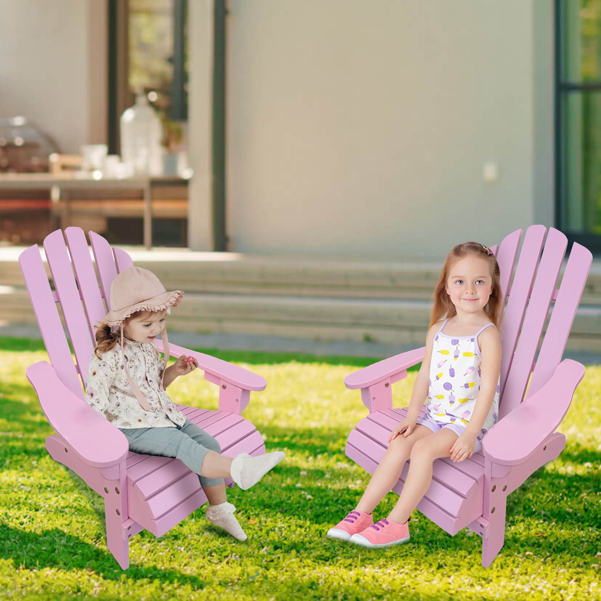 JONPONY Children Outsunny Wooden Adirondack Chair, Ergonomic Design Patio Lawn Chair for Outside Deck Garden Backyard Balcony,Pink