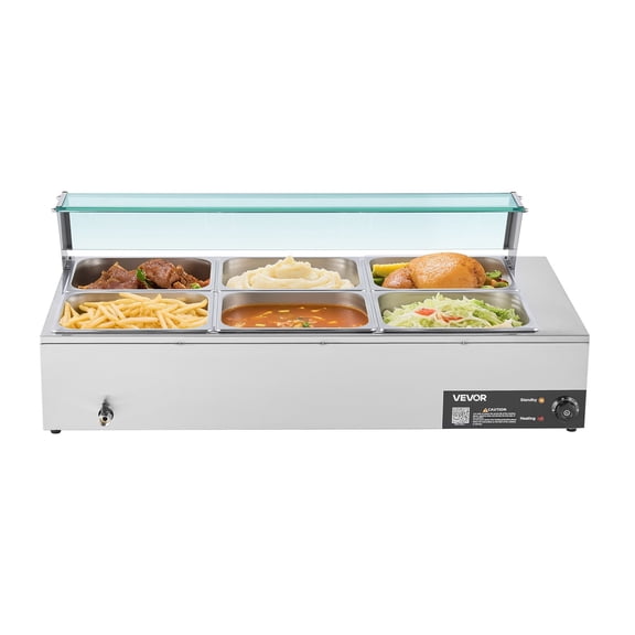 1500W Electric Bain Marie Steam Table, Stainless Steel with 6 Half Pans, Glass Covers & Serving Ladles for Catering