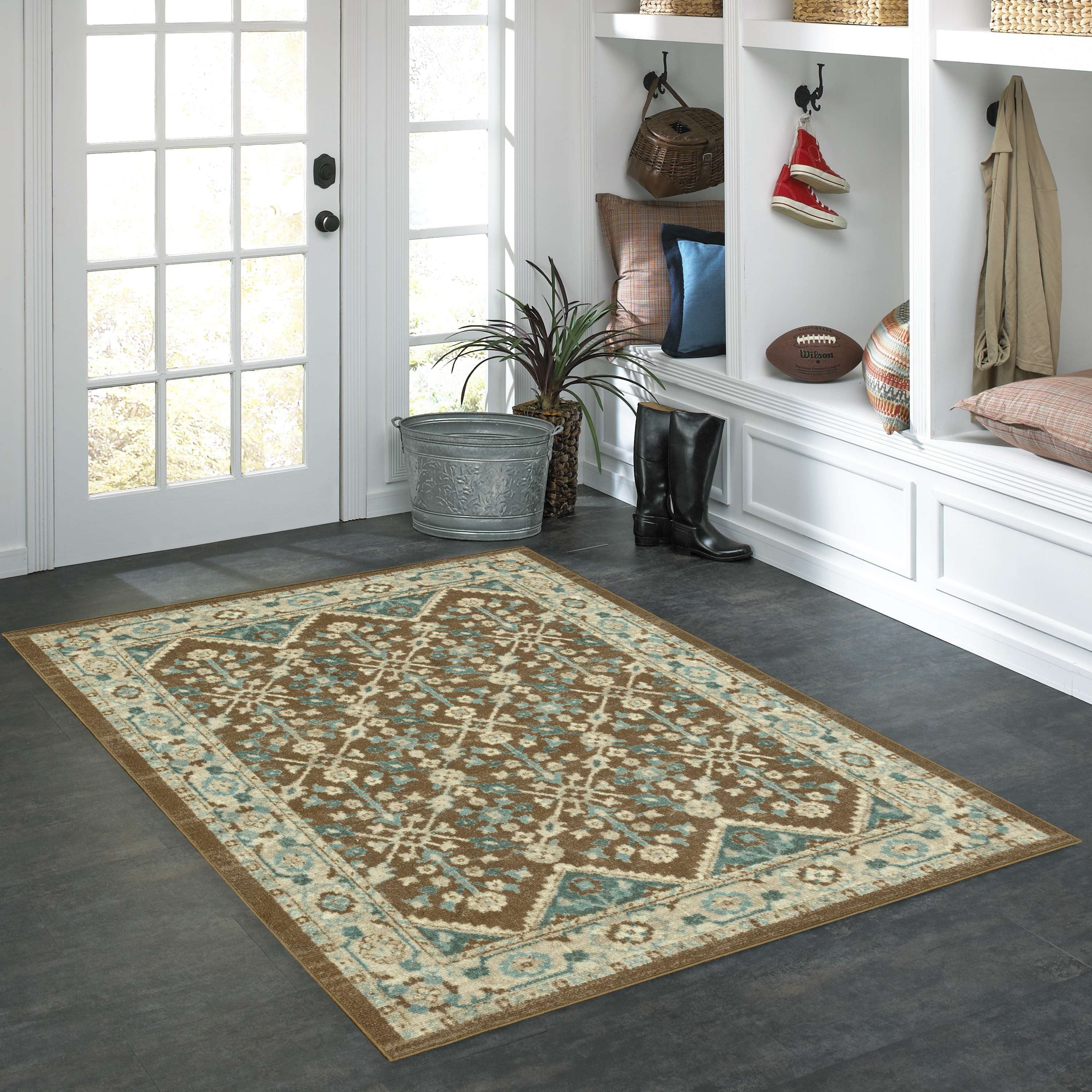 Mainstays Persian Border Medallion Loop Print Brown Blue Indoor Area Rug, 4' x 5'4"