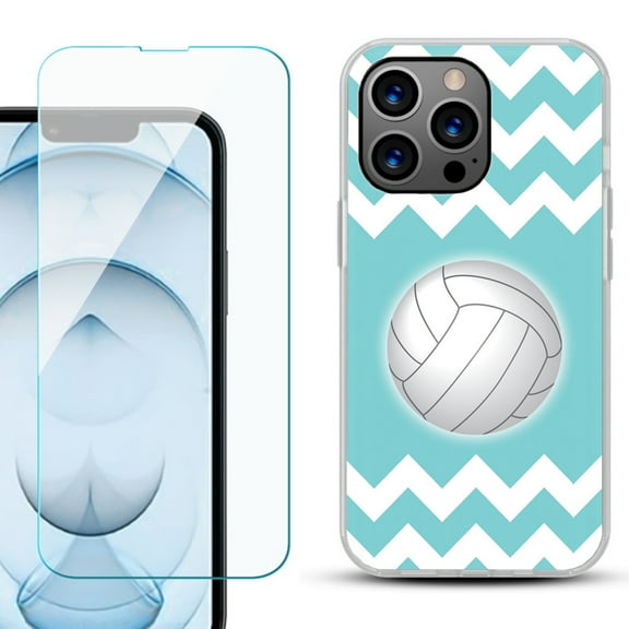 Slim-Fit Gel TPU Phone Case for iPhone 13 Pro Max, with Tempered Glass Screen Protector, by OneToughShield ® - Chevron/Volleyball