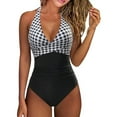 thumbnail image 2 of Women's One Piece Bikini Swimsuit Print Patchwork Backless Halter Tie with Removable Bra Pads No Underwire for Beach Vacation,White,L, 2 of 8