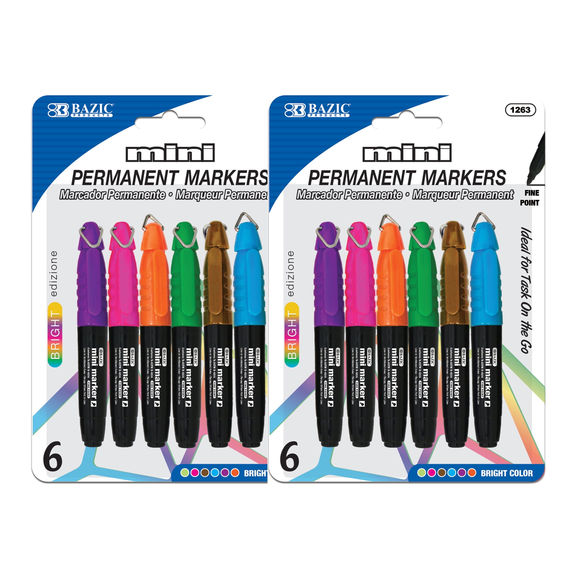 BAZIC Permanent Marker Fine Line, Mini Assorted Color Markers (5/Pack