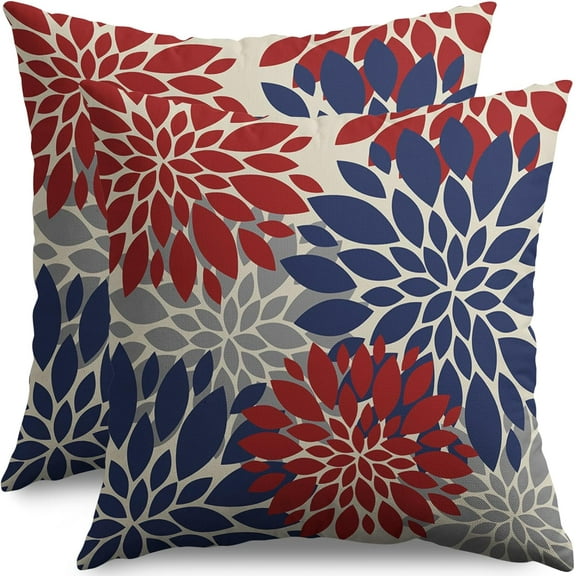 4th of July Pillow Covers 18X18 Inch Set of 2, Patriotic Blue Red Grey Modern Dahlia Floral Print Holiday Decorative Throw Pillow Covers Outdoor Farmhouse Cushion Case for Couch Sofa Bed Decor