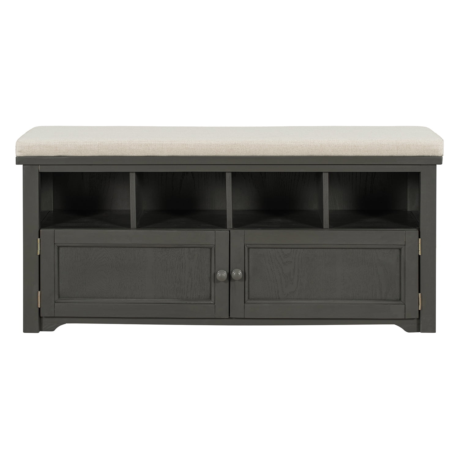 Kadyn Rustic Style Two-Door Storage Bench, Shoe Entryway Bench with Linen Upholstered Top Cushion, Pine Organizer Footrest Bench Ottoman for Entryway, Dark Gray Kadyn Rustic Style Two-Door Storage Bench, Shoe Entryway Bench with Linen Upholstered Top Cushion, Pine Organizer Footrest Bench Ottoman for Entryway, Dark Gray