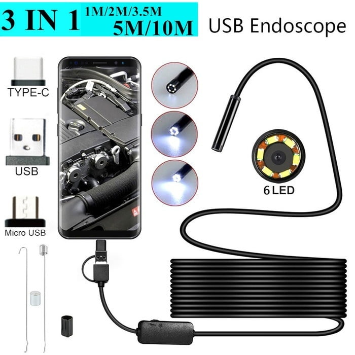 Waterproof Endoscope Inspection Camera 3 in 1 USB Endoscope Industrial Borescope with 6 LED Lights 1M/1.5M/2M/3.5M/5M/10M