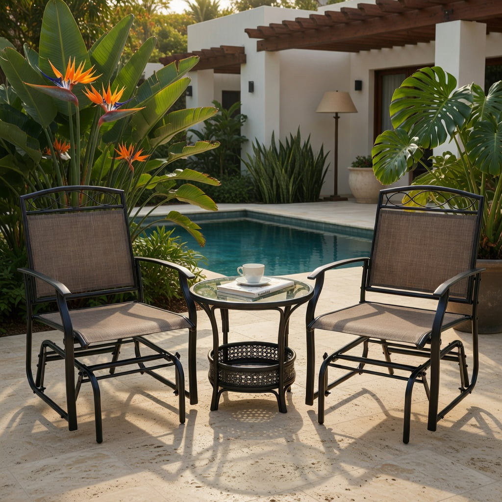 Hommoo 2-Piece Outdoor Metal Glider Armchair Set, Rust-Resistant Powder-Coated Frame, Fade-Resistant Breathable Fabric, High-Back Ergonomic Design for Porch, Patio & Poolside, Brown