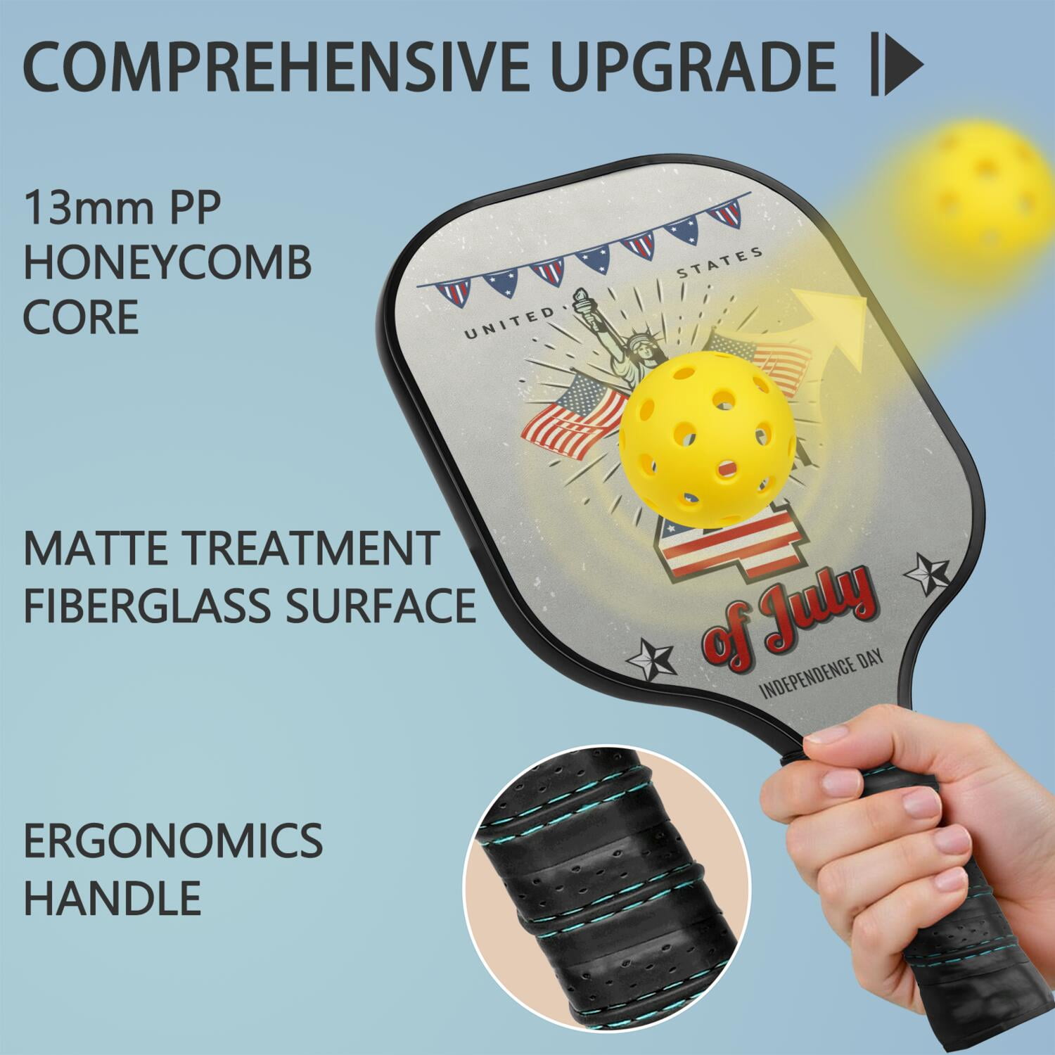 Pickleball Paddles Set Of 2, Fiberglass Surface, USA, Independence Day Print, 4 Balls & Bag