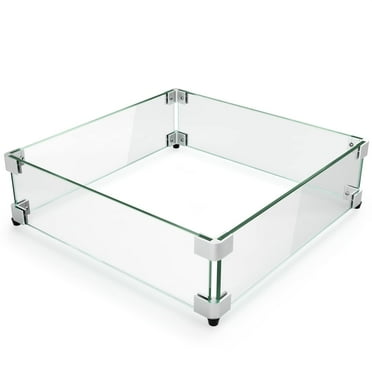23.5 inch Square Fire Pit Wind Guard, Glass Wind Guard for Square Fire Pit Table, Sturdy Tempered Glass Panel with Stability Aluminum Corner Bracket and Feet, Simple Assembly