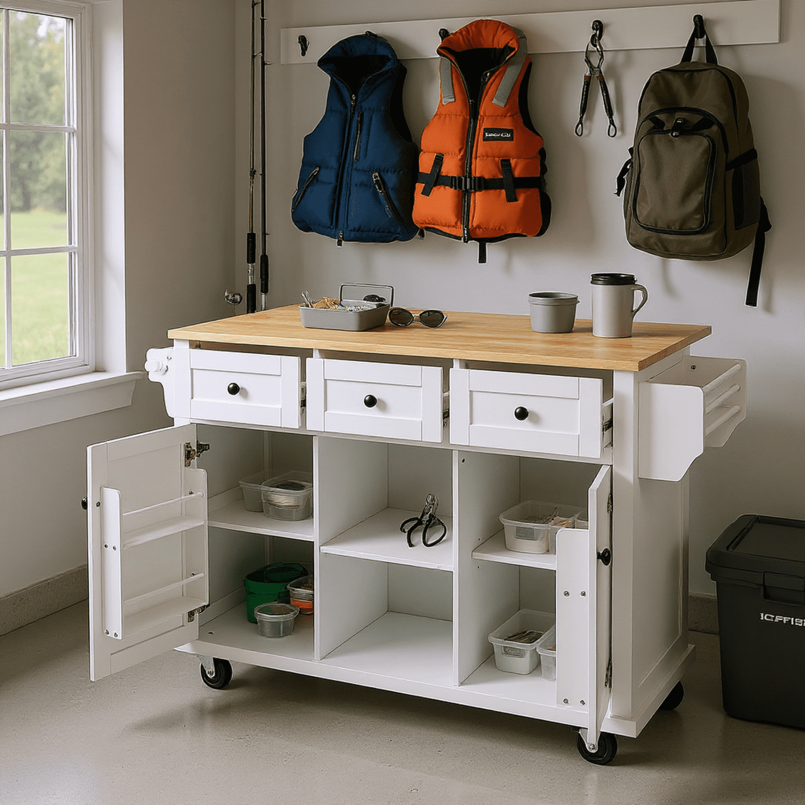 Homy Casa Rolling Garage Storage Cabinet with Drop-Leaf Worktop, Adjustable Shelves,White