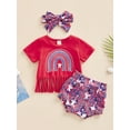thumbnail image 2 of Bagilaanoe 4th of July Clothes for Newborn Baby Girl Short Sleeve Rainbow Print T Shirt Tops + Shorts + Headband 3M 6M 12M 18M 24M Infant Independence Day Outfits 3pcs Short Pants Set, 2 of 9