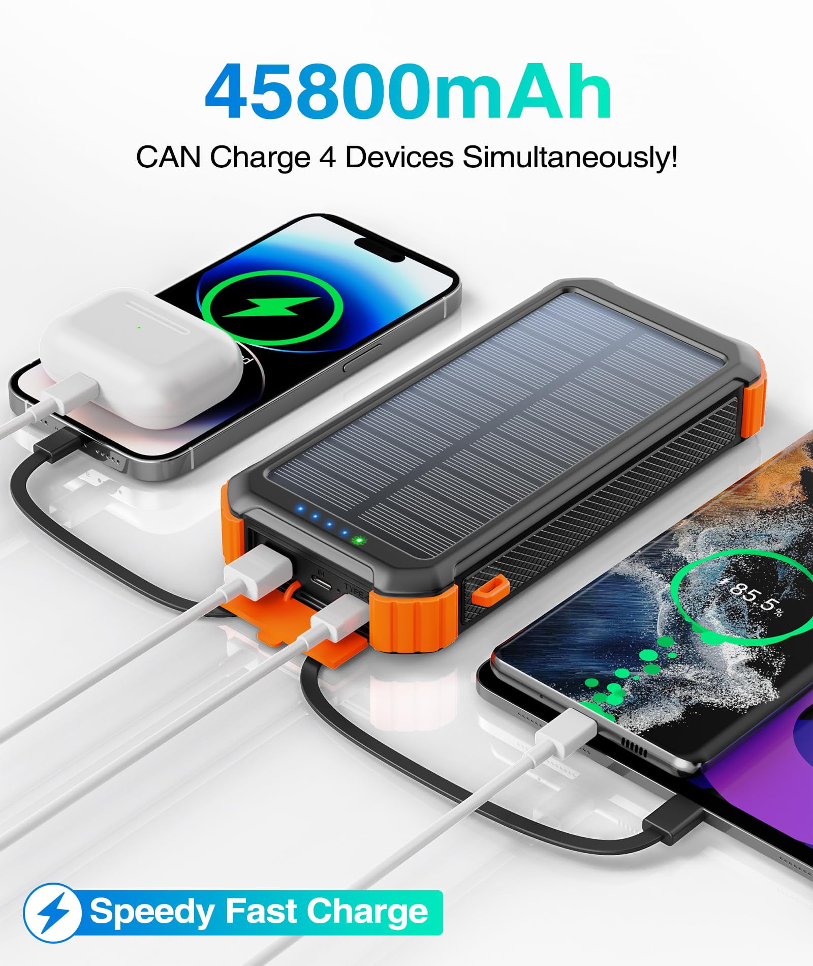 45800mAh Solar Power Bank, Portable Charger with USB-C Input/Output, 5V/3.1A QC 3.0 Fast Charging, Compatible with iPhone, Samsung, Google, and More