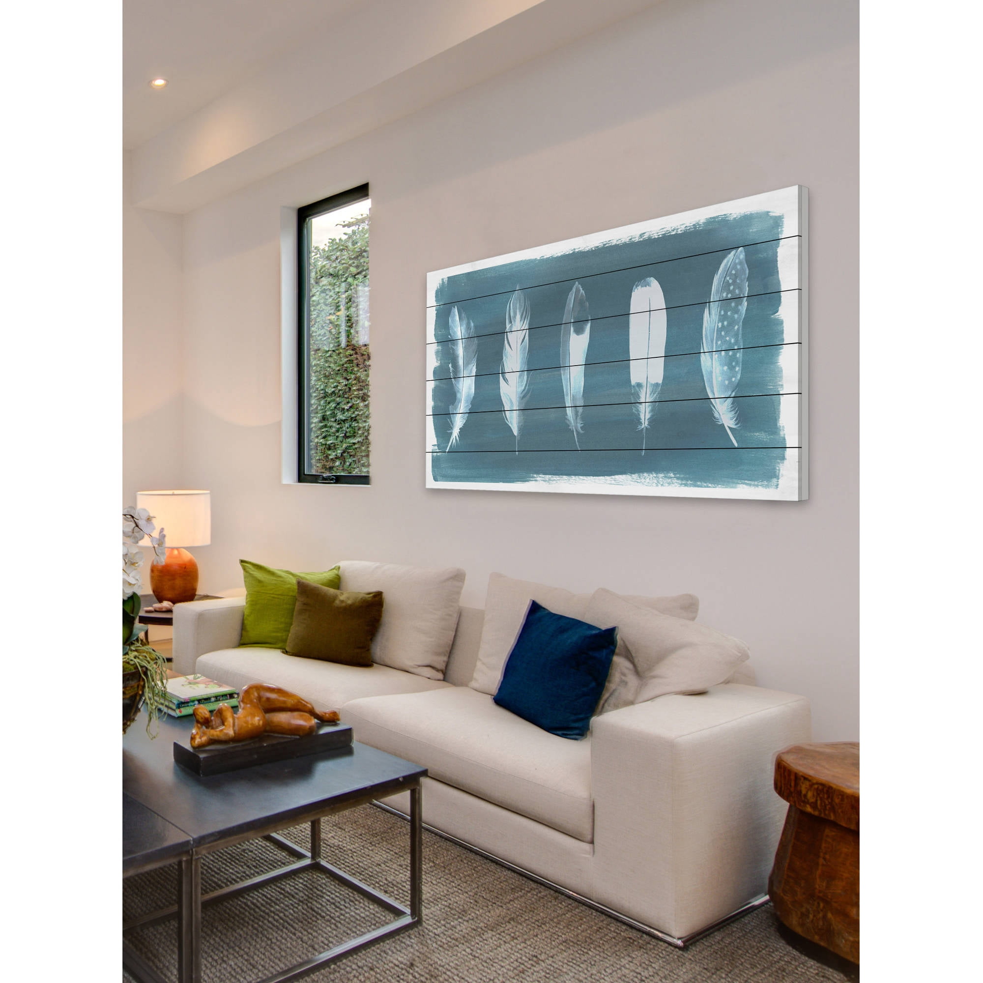 Marmont Hill ''Feathers on Dusty Teal I'' Painting Print on White Wood