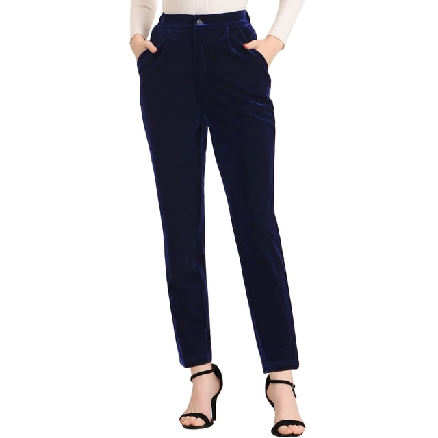Pantalón de terciopelo de pierna ancha Allegra K Elástica con bolsillos y cintura alta Azul L