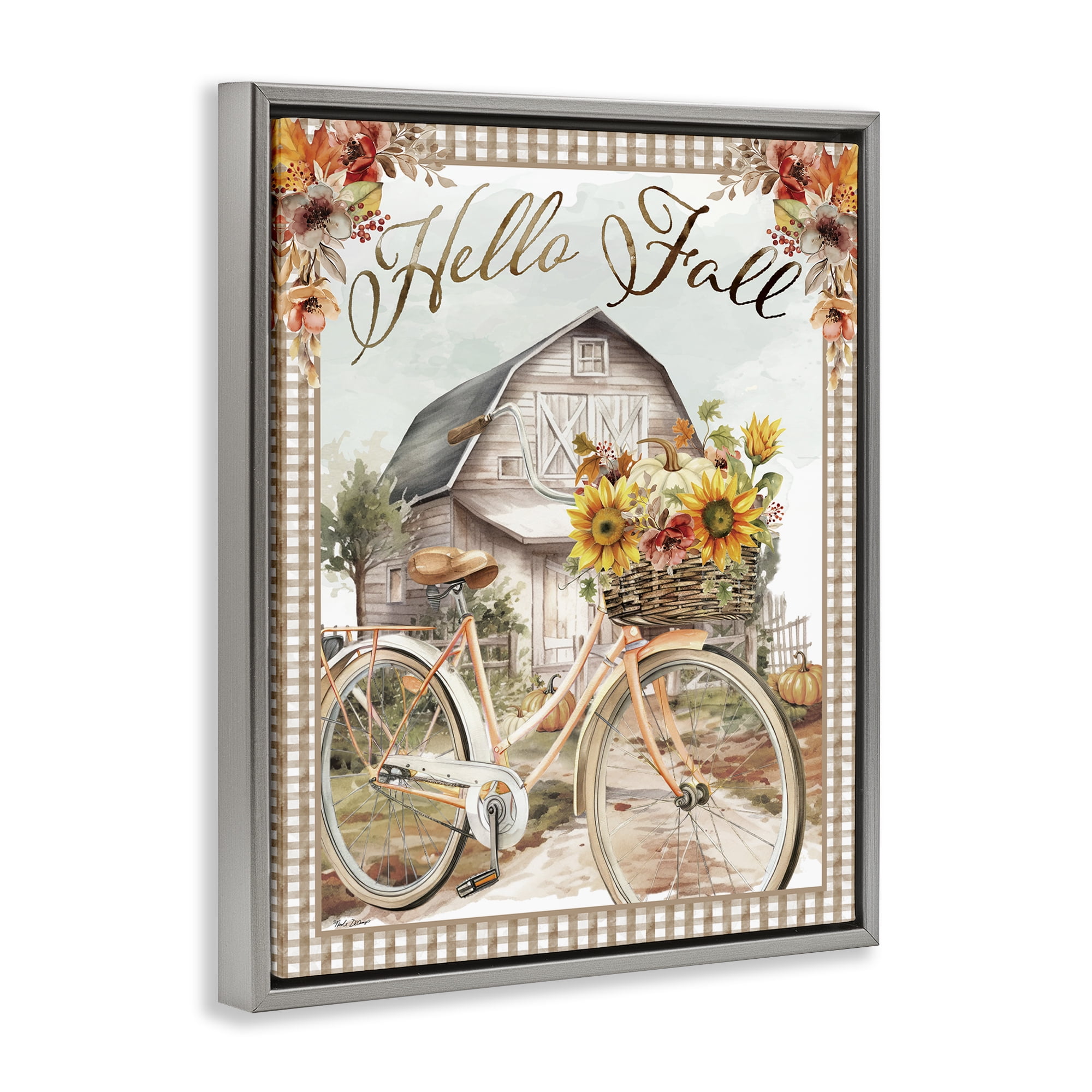 Stupell Industries Hello Fall Cottage Bicycle Botanical & Floral Painting Gray Floater Framed Canvas Art Prints Wall Art, 25 x 31