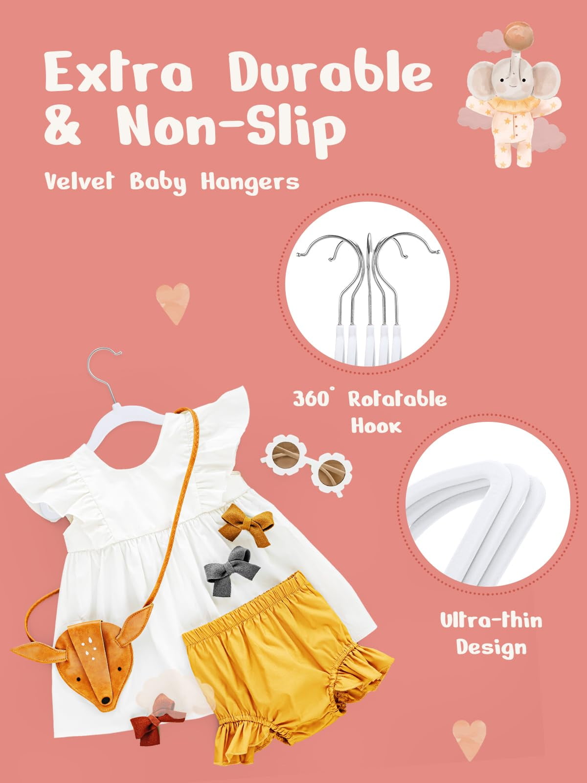 Cozymood 50 Pack Velvet Kids Hangers 11 inch Baby Felt Hangers Space-Saving Thin Design Baby to Toddler Clothes Organizer, White