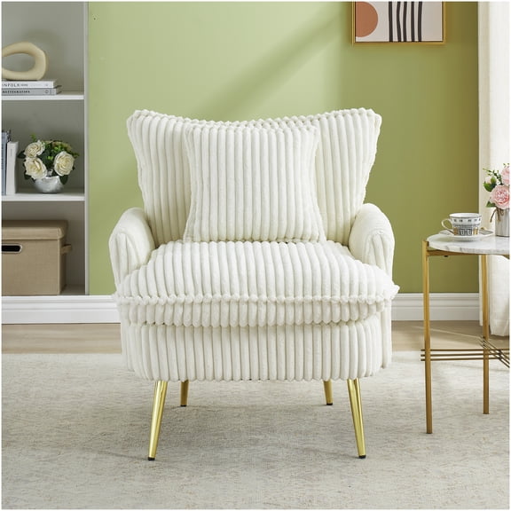 Beige Corduroy Accent Chair, Single Sofa for Living Room, Apartment, Office, Ergonomic Design with Gold Metal Legs