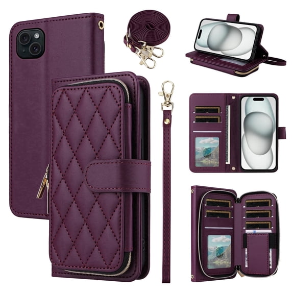 Compatible with iPhone 15 Plus 6.7 inch Wallet Case with Wrist Strap, Shoulder Strap, Card Slots Leather Stand Phone Cover for i-Phone 15 iPhone15Plus 5G i i15 iPhone15 15Plus