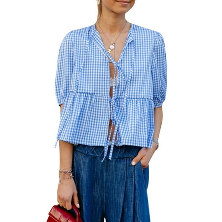 SANSIWU Women Plaid Bow Tie Lace Up Front Shirt Top Puff Sleeve Y2K Peplum Ruffle Babydoll Blouse