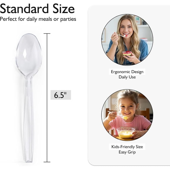[300 Count] Clear Heavy Duty Plastic Spoons, Disposable Silverware Spoons Bulk, Plastic Cutlery Utensils Set, Solid