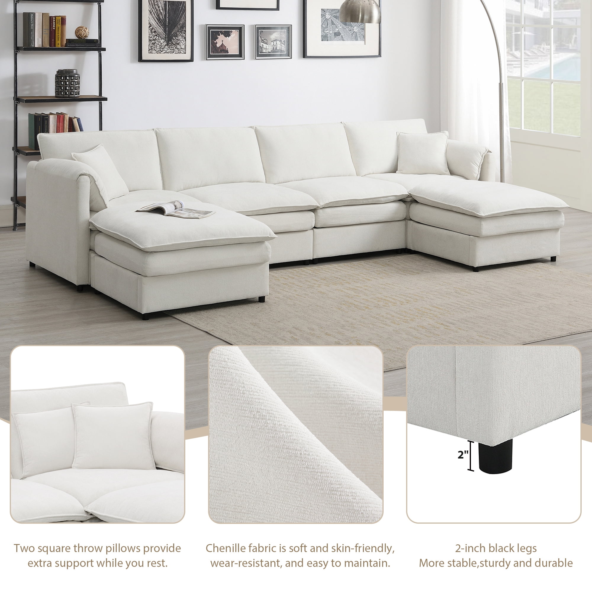 EUROCO 134" Oversized U Shaped Modular Sectional Sofa Couch, 6 Seat Chenille Sleeper Sofa Bed Cloud Couch Set with Double Cushions and Ottomans, Indoor Furniture for Living Room, Cream