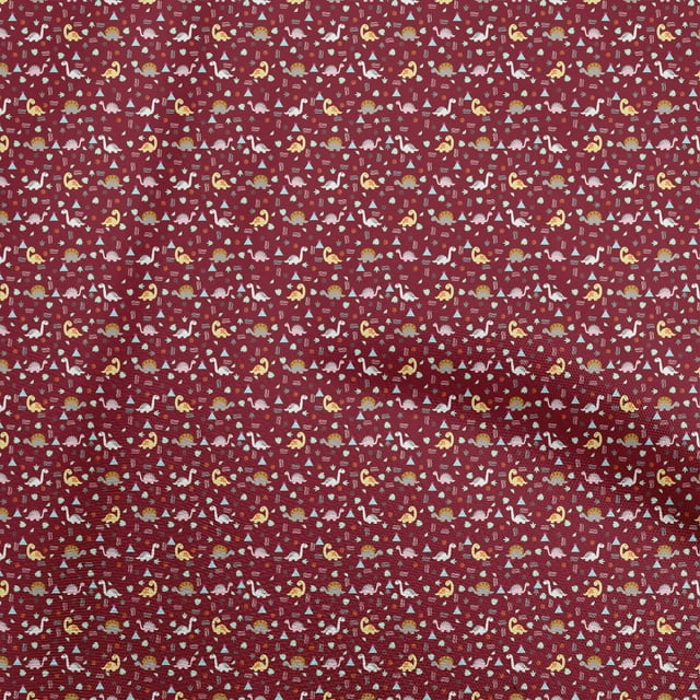 oneOone Polyester Spandex Maroon Fabric Colorful Dinosaur Cartoon Sewing Material Print Fabric By The Yard 56 Inch Wide