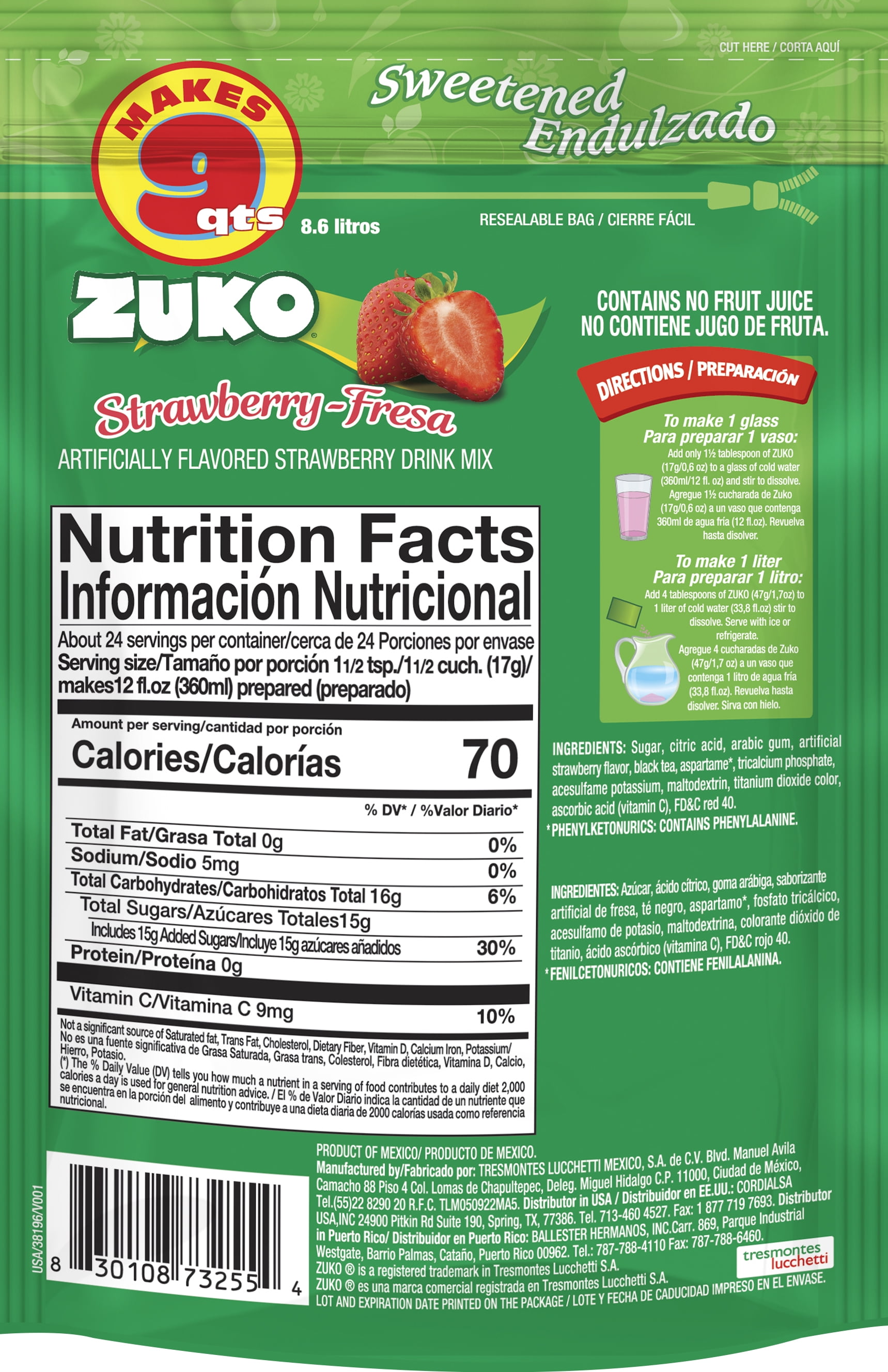Zuko Strawberry Drink Mix Bag, 14.1 oz, Pack of 6, Fortified with Vitamin C, No Additional Sugar Needed