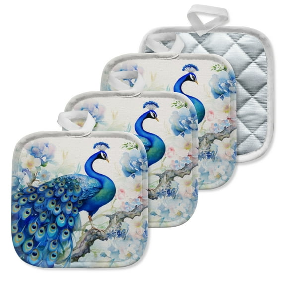4 Pack Pot Holders,Kitchen Essential, Potholder Set,Blue Peacock In A Watercolor Style With Soft Hued Flowers