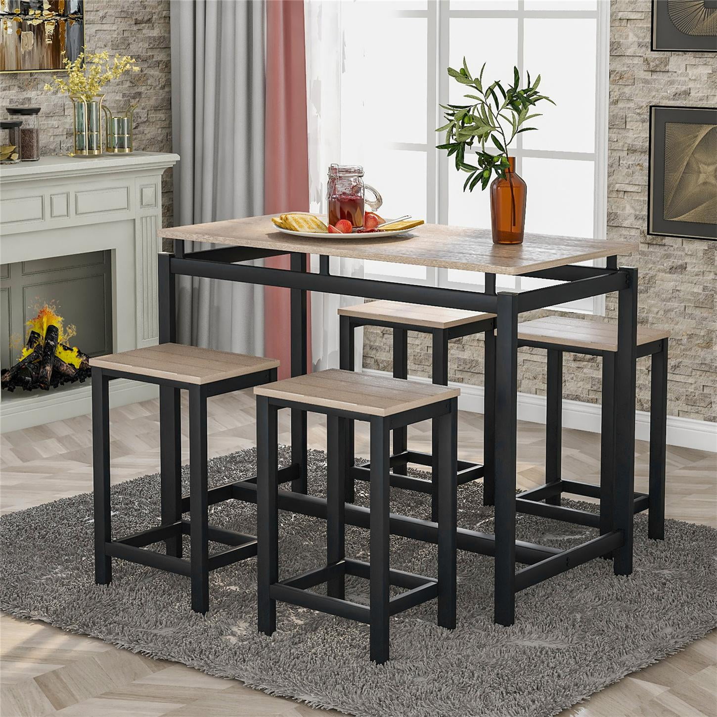 5Piece Kitchen Counter Height Table Set, Industrial Dining Table with