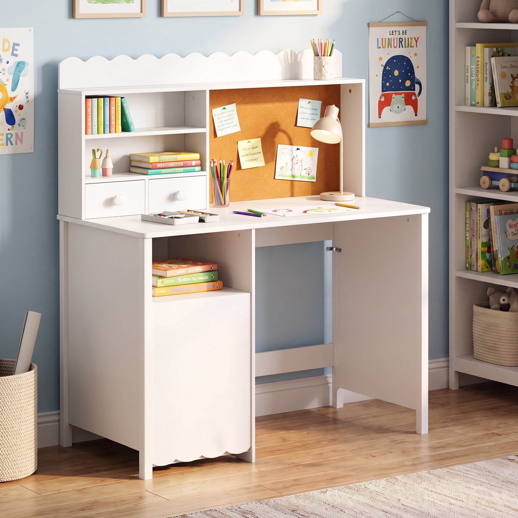 LAZZO 43" Wooden Writing Desk with Hutch, Cork Board and Storage Cabinet, Scalloped Study Desk for Home Office and Bedroom, White