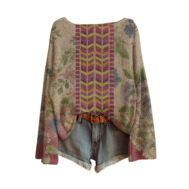 WTXUE Chandail Fair Isle pour Femmes Imprimé Artistique Vintage Fair Isle Chandail Rétro Blouses Légères Hauts Boho Tricot Rétro Hiver Automne Décontracté Ample Col Rond Manches Longues Chandail Surdimensionné Rose 3TG