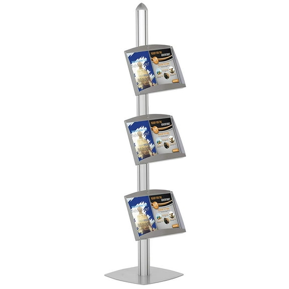 M&T Displays Literature Floor Stand with 3 Height Adjustable Steel Shelves, Double Sided (Silver)