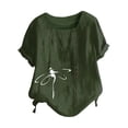 thumbnail image 4 of Scyoekwg Hauts Habillés pour Femmes Tendance Col Rond Boutons Manches Retroussables Hauts Mode Imprimé Graphique T-Shirt Confortable Manches Courtes T-Shirts Décontractés Amples Été Blouses Légères (Vert Armée, m), 4 of 5