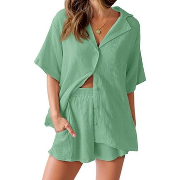 Fantaslook 2 Piece Womens Outfit Sets Button Down Shirts and Shorts Casual Lounge Sets Short Sleeve Pajamas Sets Summer Loungewear