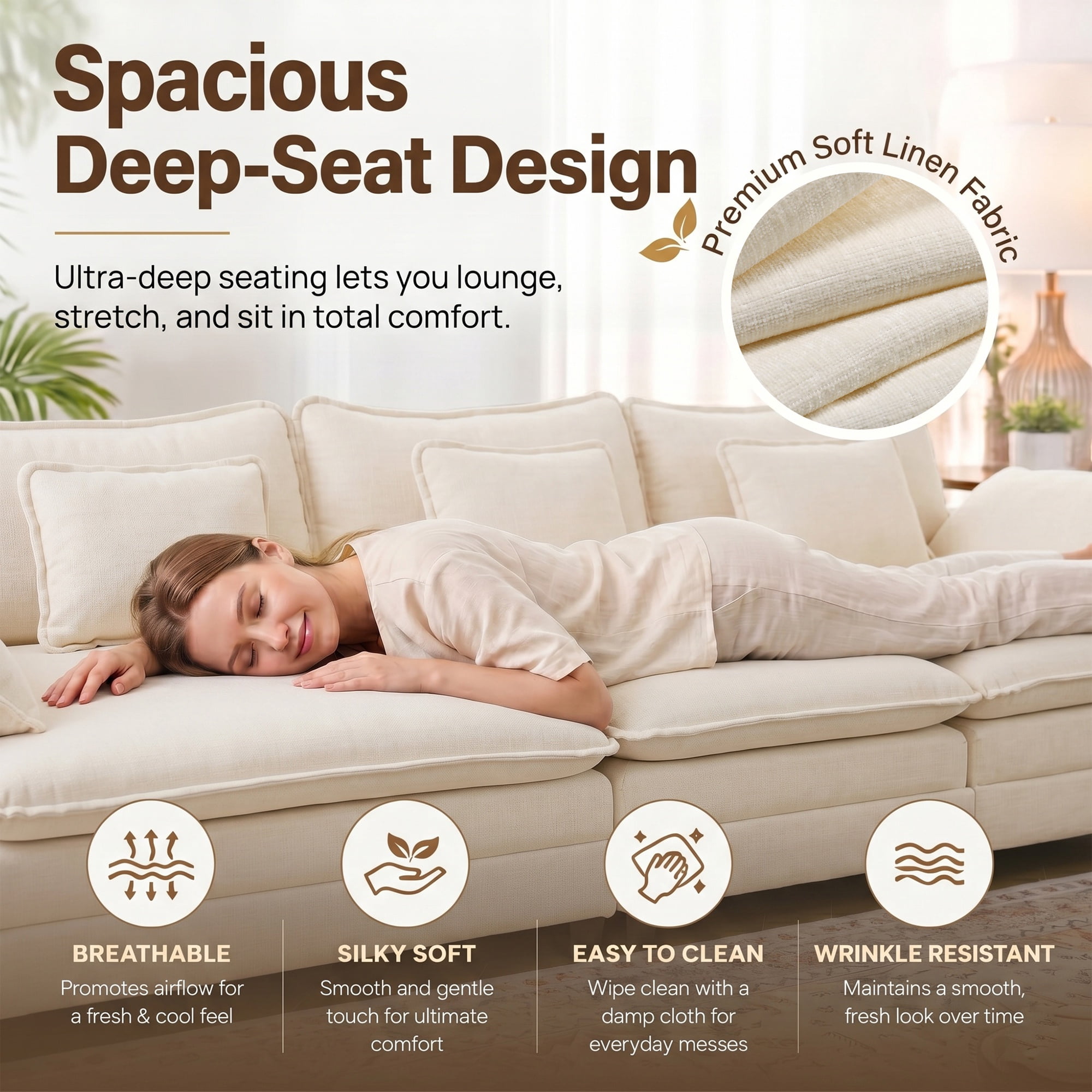 JULY'S SONG U Shaped Couch Set, 4-Seater Modular Sectional Sofa with Movable Ottoman, Deep Seat Couches and Sofas for Living Room, Comfy Cloud Couch with Detachable Cushions, Chenille Cream White
