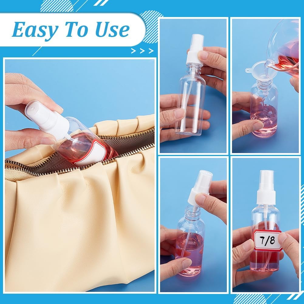 100pcs Small Spray Bottles 2oz/60ml Plastic Empty Spray Bottle Transparent Refillable Travel Bottle with 10pcs Small Funnel and 120pcs Bottles Labels