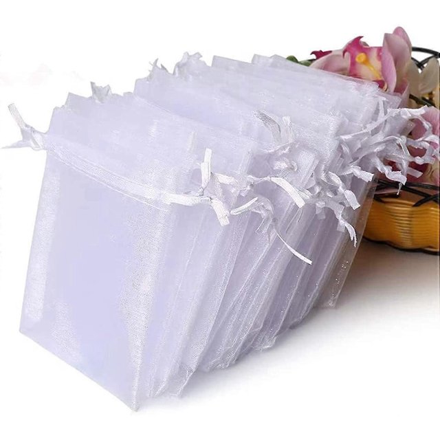 100pcs Sheer Organza Bags, White Wedding Favor Bags With Drawstring, 7*9cm Jewelry Gift Bags For Party