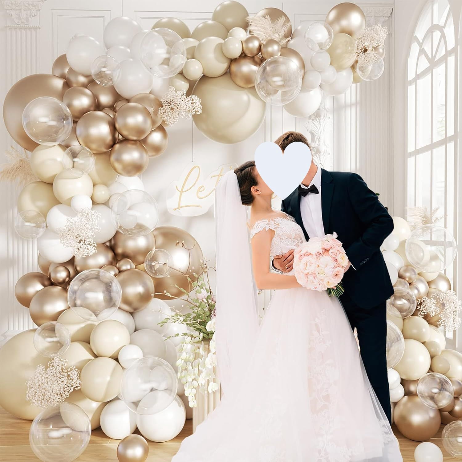 Rose Gold Balloon Garland Arch Kit, 140Pcs Nude Pastel Pink Metallic Gold White Balloons Gold and Rose Gold Confetti Balloons with Heart Foil Balloon for Wedding Bridal Birthday Party Decorations