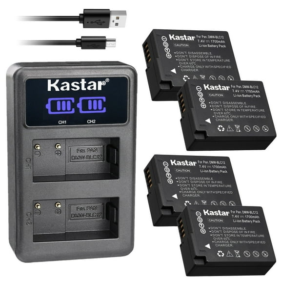 Kastar 4-Pack DMW-BLC12 Battery and LED2 USB Charger Compatible with Panasonic DMW-BLC12 DMW-BLC12E DMW-BLC12GK DMW-BLC12PP Battery, Panasonic DE-A79 DE-A79B Charger,