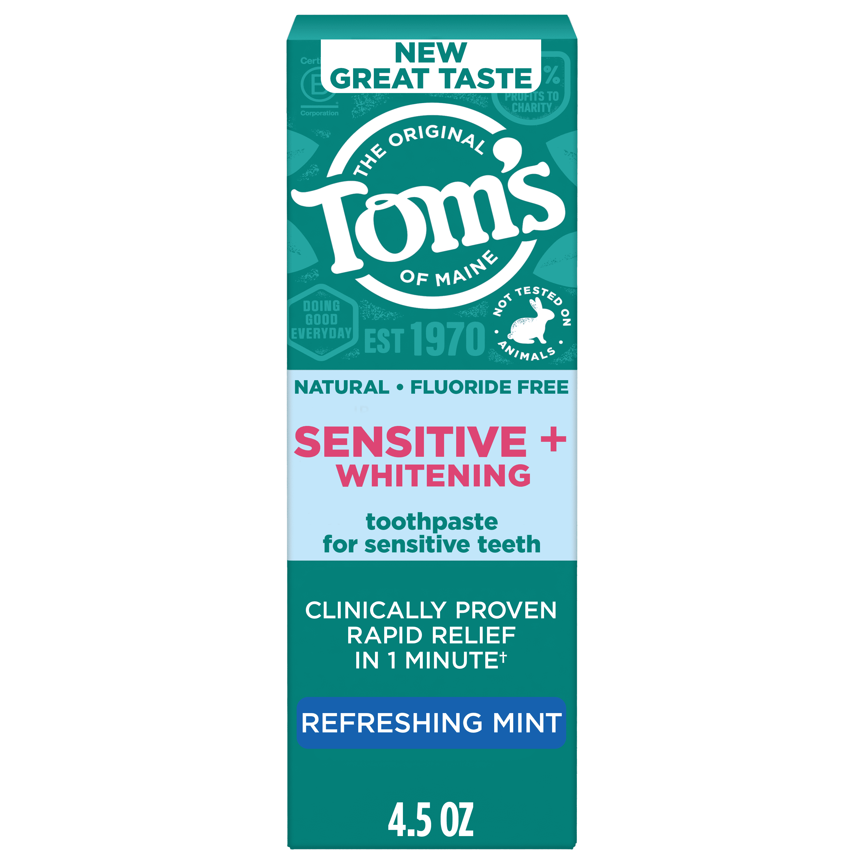 (2 pack) Tom’s of Maine Sensitive Plus Whitening Fluoride Free Toothpaste, Refreshing Mint, 4.5 oz