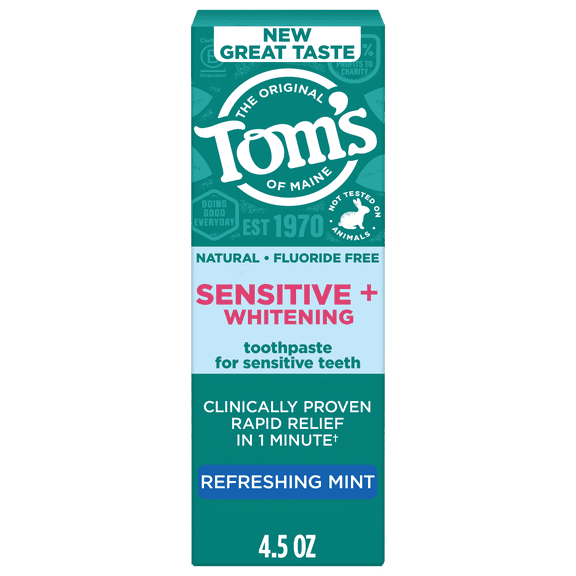 Tom’s of Maine Sensitive Plus Whitening Fluoride Free Toothpaste, Refreshing Mint, 4.5 oz