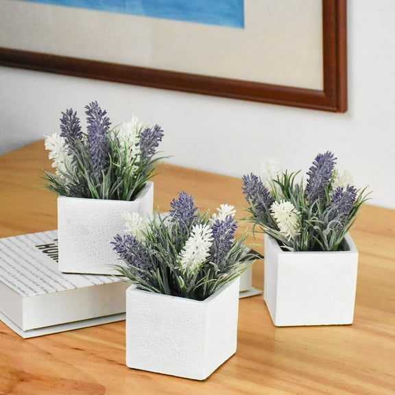 K-Cliffs Set of 3 Faux Lavender/White Flowers in Cement White Pots,  Dimensions (in inches): 6 H x 2.9 W x 2.9 D, for Indoor/Outdoor